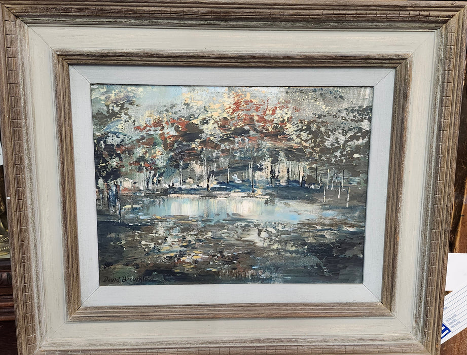 FRAMED IMPRESSIONIST OIL PAINTING OF A TREE LINED POND SIGNED DAVID BROWNLOW