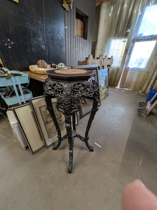 ROSEWOOD ASIAN CARVED MARBLE TOP PLANT STAND