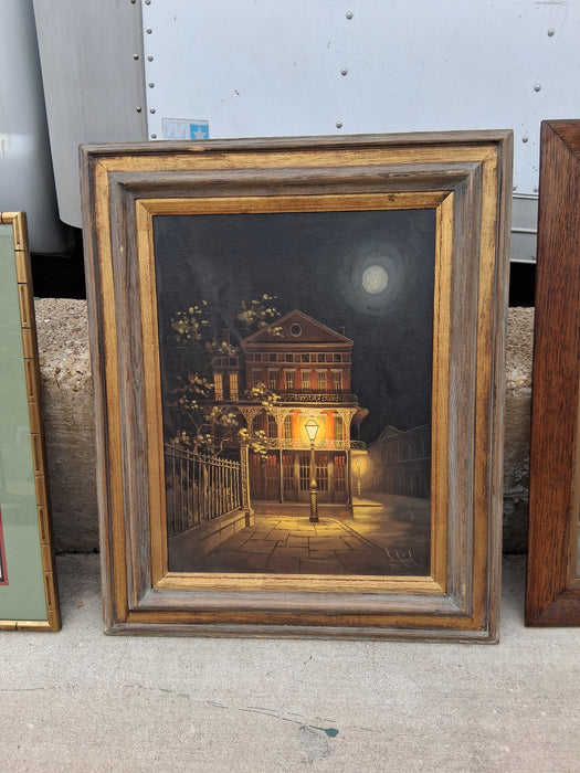 FRAMED OIL PAINTING OF JACKSON SQUARE NEW ORLEANS -A CITY STREET LIGHT AT NIGHT