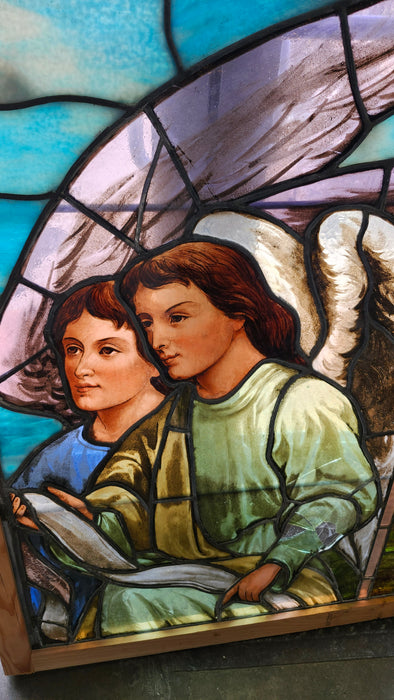 LARGE PAINTED AND STAINED GLASS WINDOW WITH PAIR OF  ANGELS AS FOUND