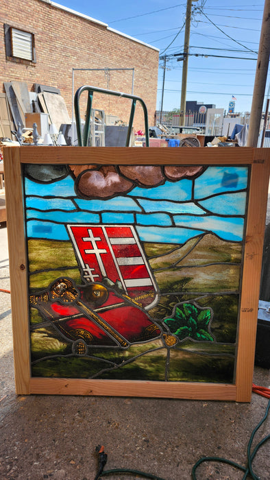 SQUARE STAINED GLASS WINDOW WITH SHIELDS
