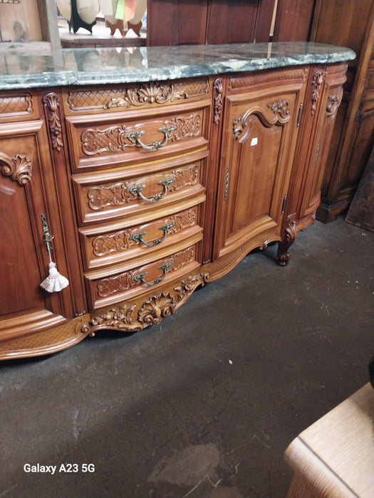 LARGE LOUIS XV CHERRY SIDEBOARD WITH GREEN MARBLE TOP