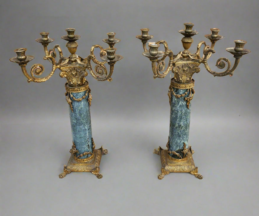 PAIR OF HEAVY GREEN MARBLE AND BRONZE CANDLEABRAS