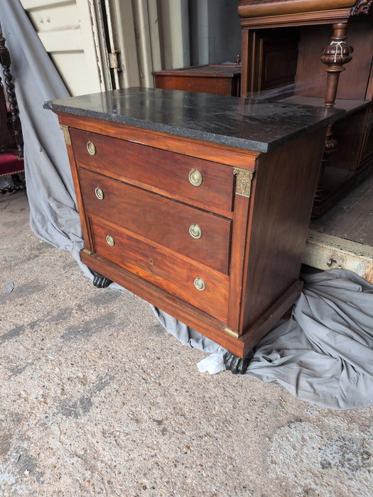 SMALL EMPIRE BLACK MARBLE TOP 3 DRAWER CHEST WITH PAW FEET - AS FOUND