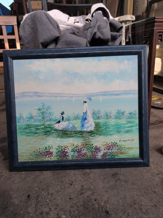 FRAMED IMPRESSIONIST OIL PAINTING OF WOMEN BY A LAKE
