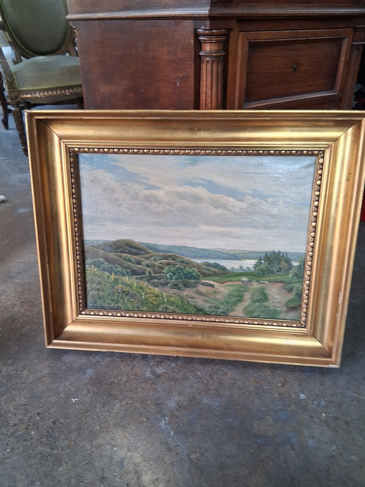 TURN OF THE CENTURY PASTORAL PAINTING OF LAKE AND COWS