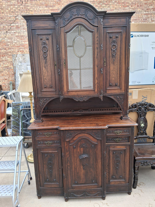 LOUIS XVI OAK BUFFET  DEUX CORPS WITH WREATH AND FLOWER BASKET CARVING