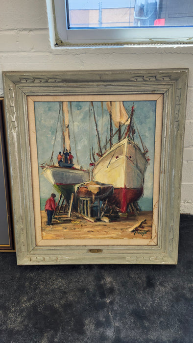 OIL PAINTING OF BOATS IN DRY DOCK "LIGURIAN BOATS"