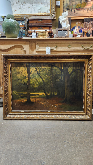 LARGE GILT FRAME SYLVAN OIL PAINTING AS FOUND