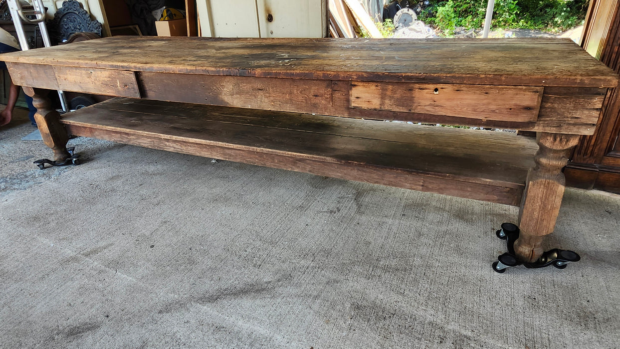 LONG LOW WORK TABLE WITH DRAWERS AND STRETCHER SHELF