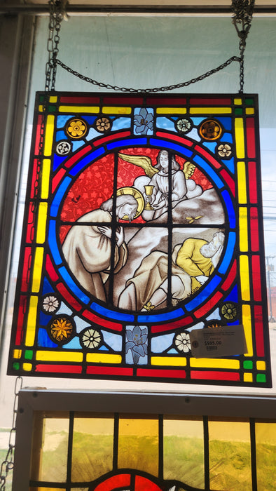SQUARE RELIGIOUS PAINTED AND STAINED GLASS WINDOW*SIGNED AND DATED 1889 ALADON