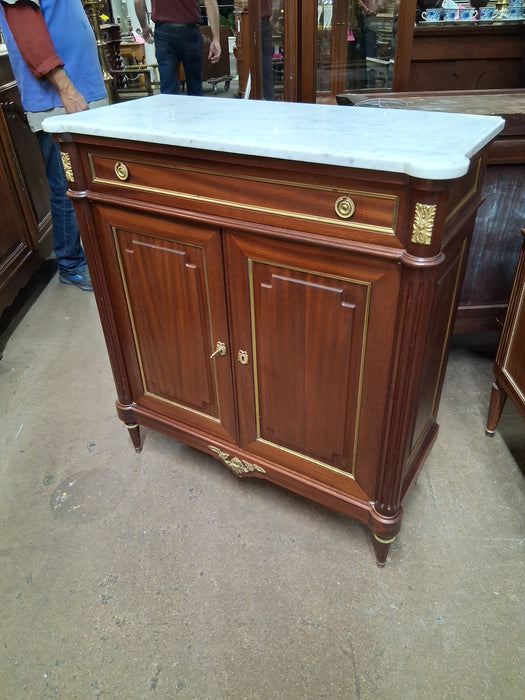 LOUIS XVI SMALL WHITE MARBLE TOP SERVER WITH 1 DRAWER 2 DOORS