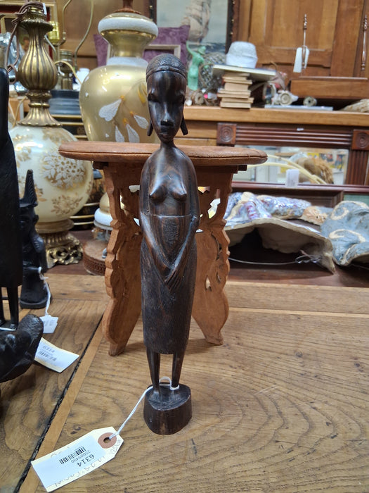 CARVED WOOD WOMAN WITH RINGS IN EARS FIGURE