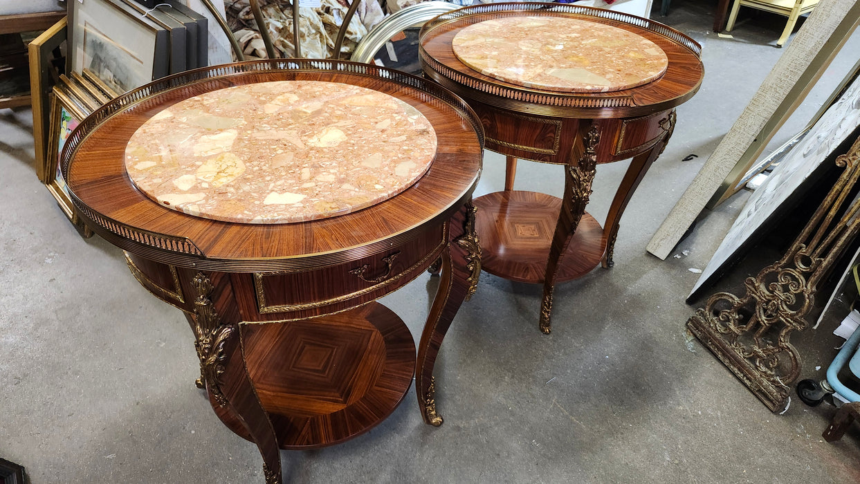 PAIR OF ROUND MARBLE TOP SIDE TABLES WITH DRAWER