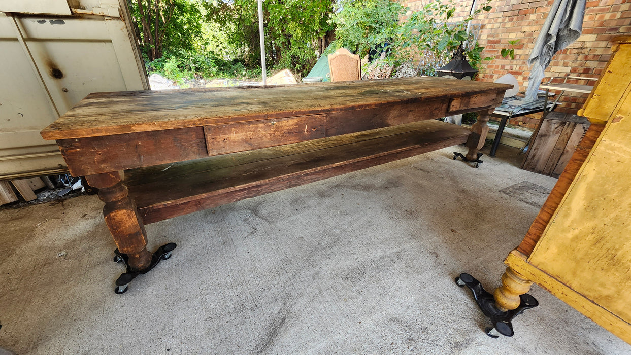 LONG LOW WORK TABLE WITH DRAWERS AND STRETCHER SHELF