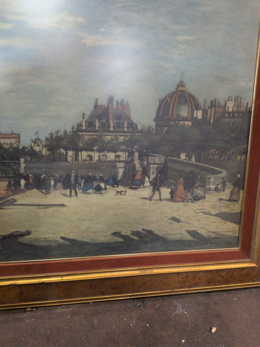 FRAMED OIL PAINTING OF A COASTAL TOWN WITH POEPLE