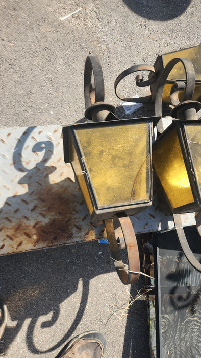 WROUGHT IRON AND GLASS WALL SCONCE AS FOUND
