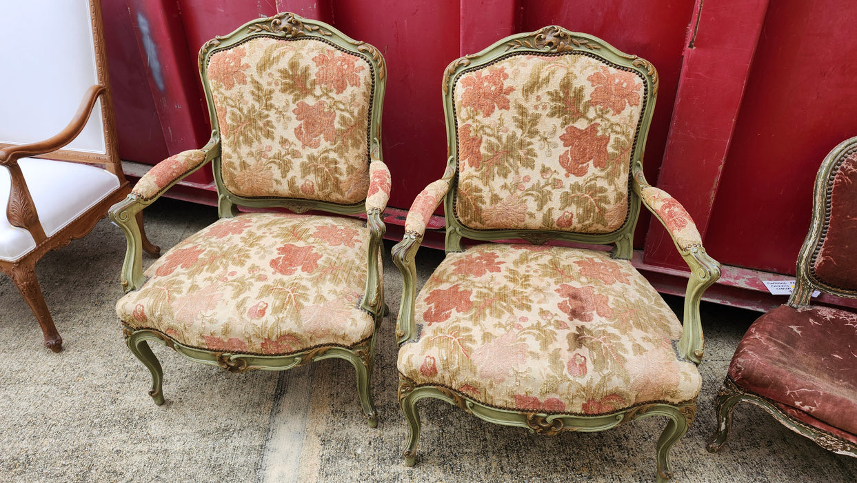 PAIR SAGE AND SALMON LOUIS XV ARM CHAIRS
