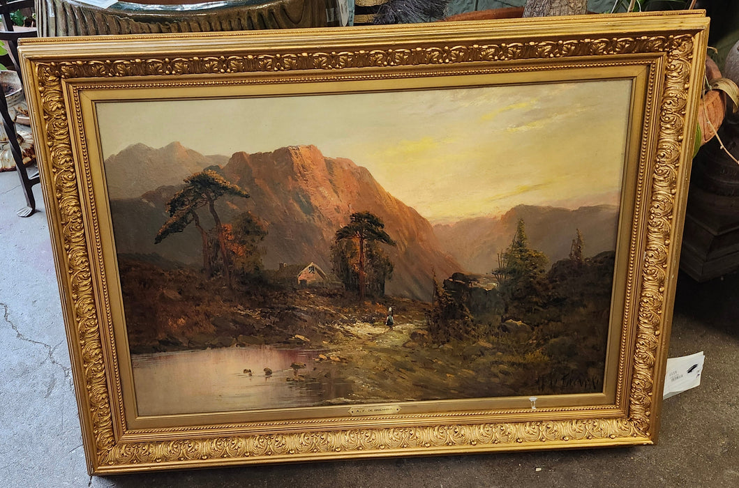GILT  FRAMED ENGLISH MOUNTAIN LANSCAPE OIL PAINTING CIRCA 1900 -SIGNED ALFRED FONTVILLE DE BREANSKI