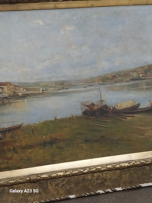 FRAMED ITALIAN VILLAGE BY THE WATER OIL PAINTING AS FOUND