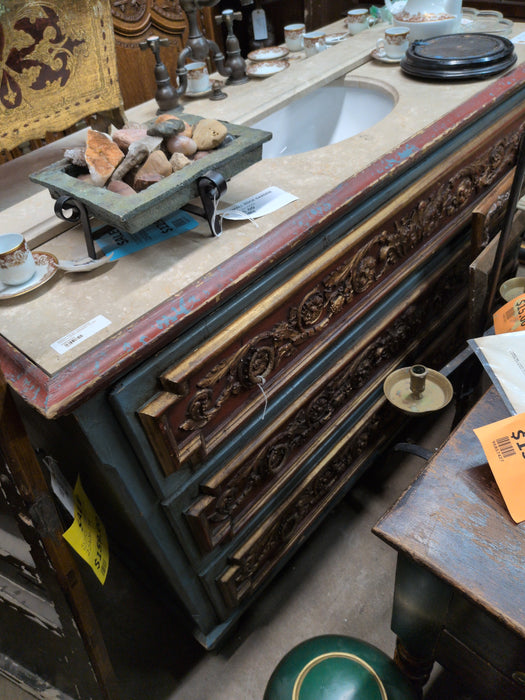MARBLE TOP GILT POLYCHROME FRENCH CHEST CONVERTED TO SINK
