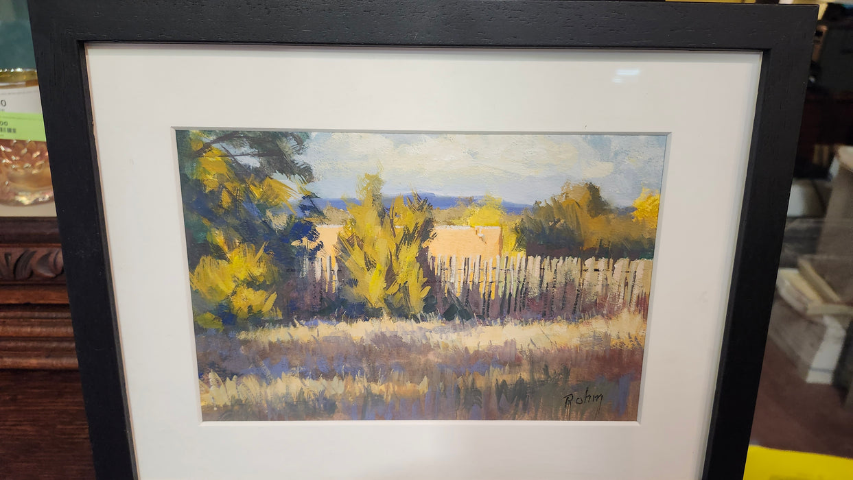 SMALL WATER COLOR OF A FARM FENCE SIGNED BOB ROHM