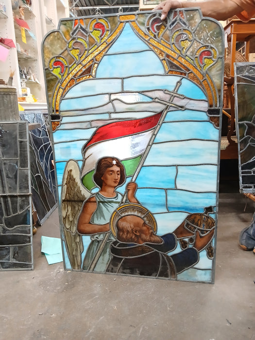 LARGE PAINTED AND STAINED GLASS WINDOW WITH ANGEL