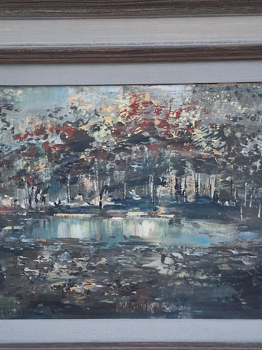 FRAMED IMPRESSIONIST OIL PAINTING OF A TREE LINED POND SIGNED DAVID BROWNLOW