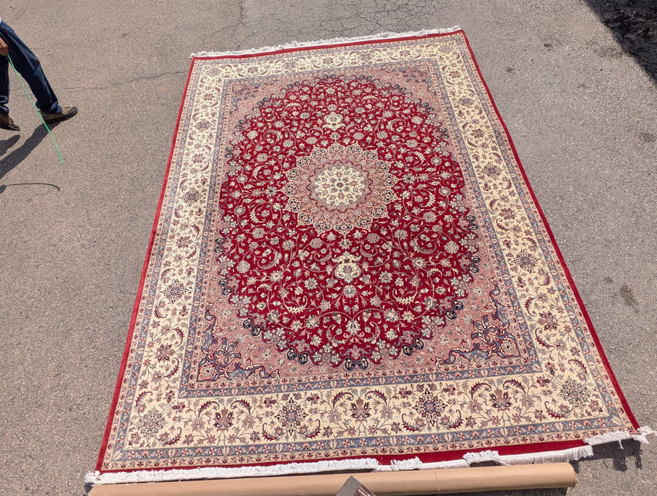 HUGE RED, YELLOW AND BLUE HANDMADE PERSIAN RUG WITH WHITE FRINGE