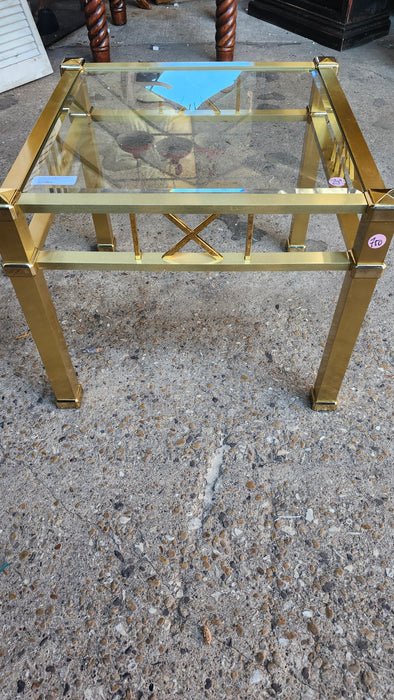 SQUARE BRASS BEVELED GLASS VINTAGE SIDE TABLE