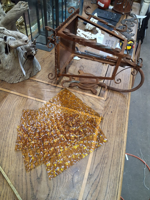 GLASS AND RUSTY IRON SCONCE