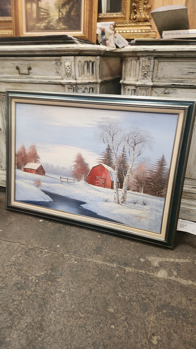 FRAMED WINTER SCENE SNOWY BARNS OI PAINTING, SIGNED ROSENQUIS