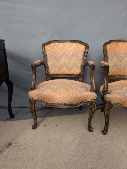 PAIR LOUIS XVI BEECH FAUTEUILS WITH AS FOUND FLAME STICH UPHOLSTERY
