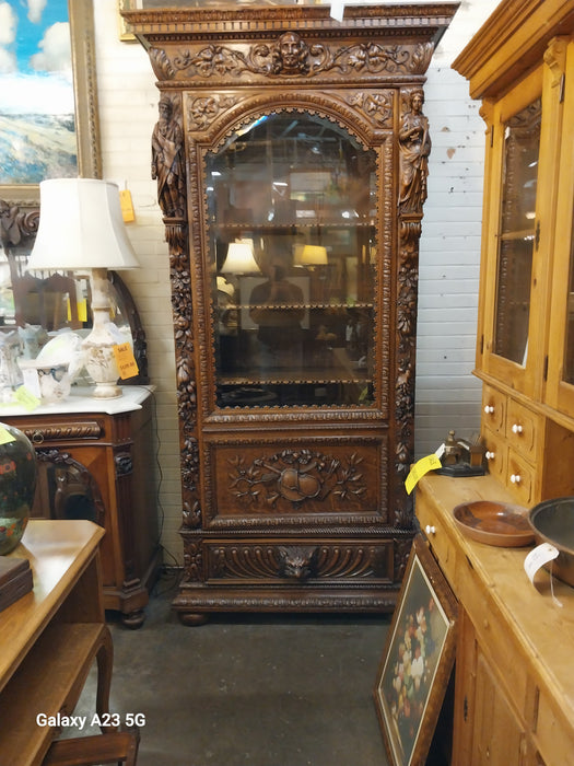INCREDIBLE FRENCH FIGURAL CARVED SINGLE DOOR BOOKCASE
