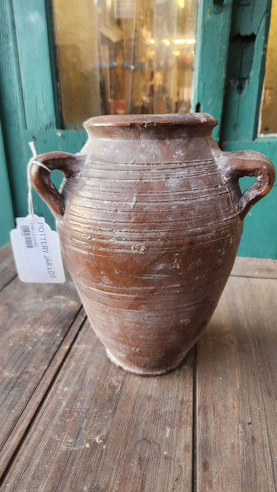 RIBBED AND GLAZED TERRA COTTA VASE WITH TWO HANDLES