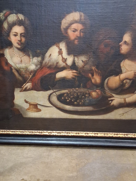 FRAMED 17TH CENTURY OIL PAINTING OF A FEAST-RELINED