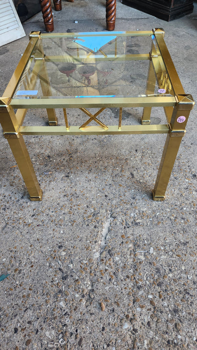 SQUARE BRASS BEVELED GLASS VINTAGE SIDE TABLE