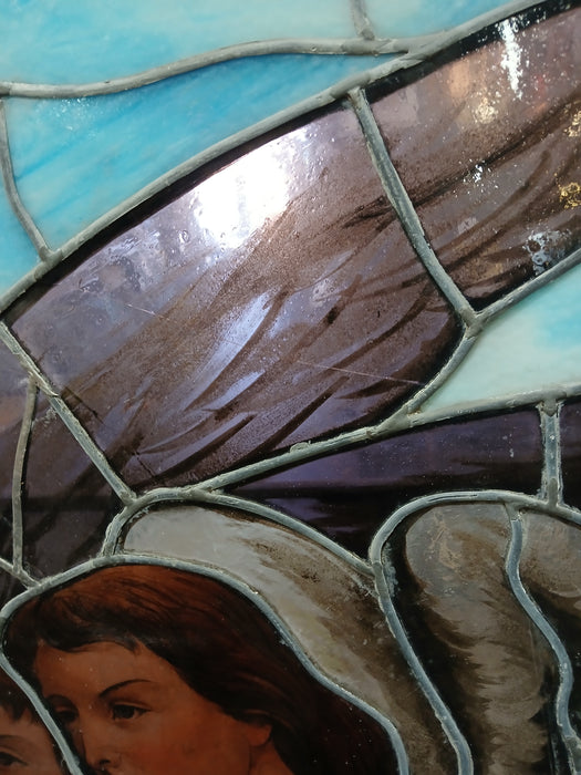 LARGE PAINTED AND STAINED GLASS WINDOW WITH PAIR OF  ANGELS AS FOUND