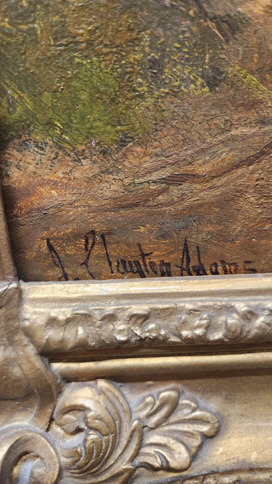 GILT FRAMED LANDSCAPE OIL PAINTING WITH HORSE AND WAGON ON ROAD-SIGNED JOHN CLAYTON ADAMS