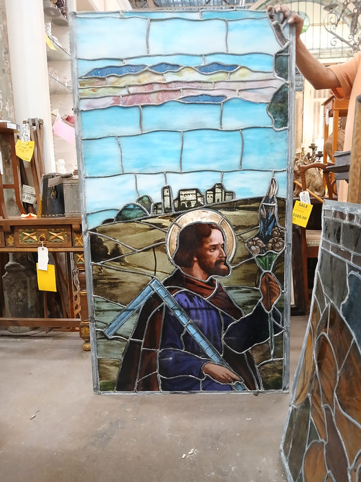 LARGE PAINTED AND STAINED GLASS WINDOW WITH WITH JOSEPH WITH LILY AD SQUARE  AS FOUND