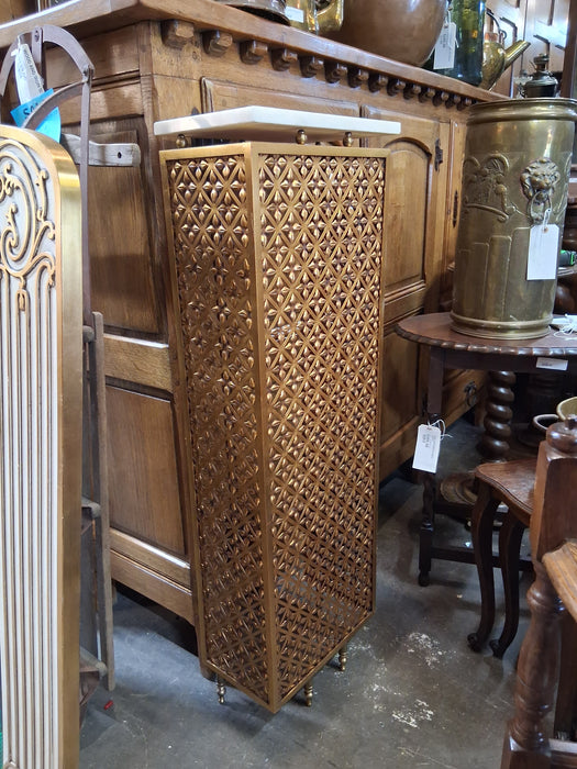 WHITE MARBLE TOP PIERCED GOLD METAL CONSOLE