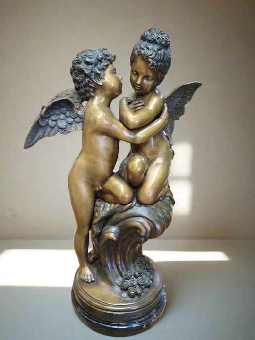VINTAGE BRONZE ANGELS HUGGING STATUE
