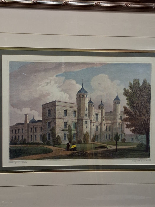 REEDED GILT FRAMED W. WALLIS STEEL ENGRAVING OF A CASTLE BY J.P. NEALE
