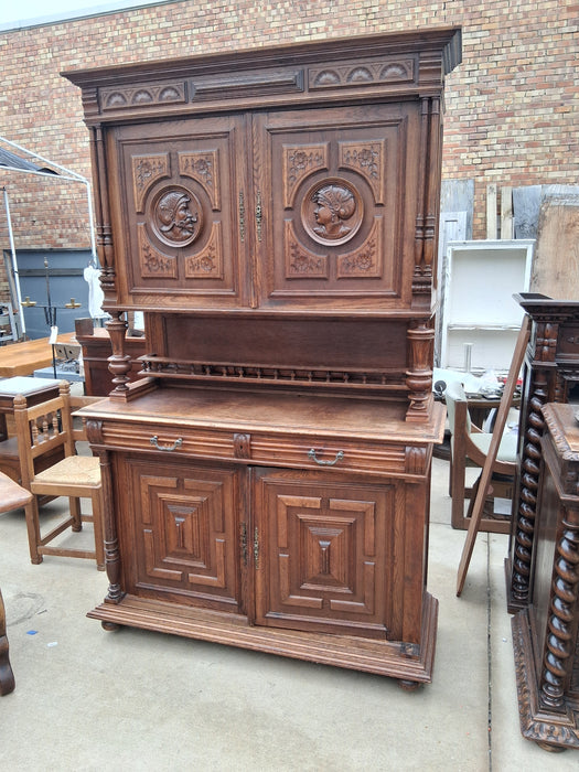 HENRI II 2 PIECE CABINET WITH CARVED FACES