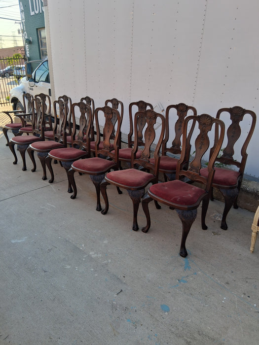 SET OF 12 SHELL CARVED DARK WALNUT CHAIRS WITH 2 ARM CHAIRS