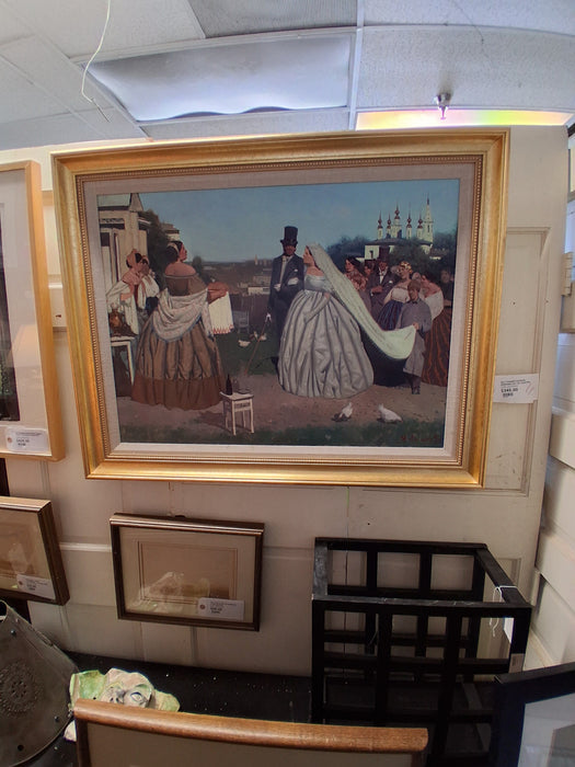 GILT FRAMED RUSSIAN WEDDING DAY OIL PAINTING