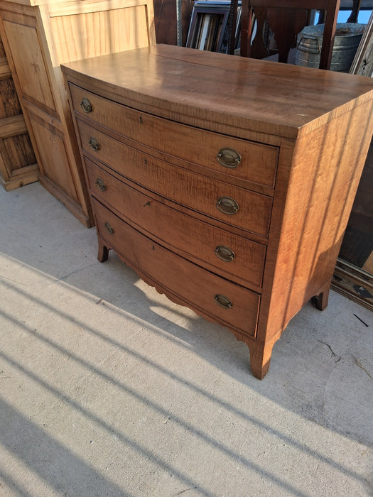 BOW FRONT SPALTED AND TIGER MAPLE ANTIQUE 4 DRAWER CHEST
