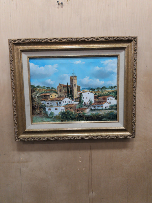 MEDIUM GILT FRAMED OIL PAINTING OF ITALIAN HILLSIDE VILLAGE - SIGNED