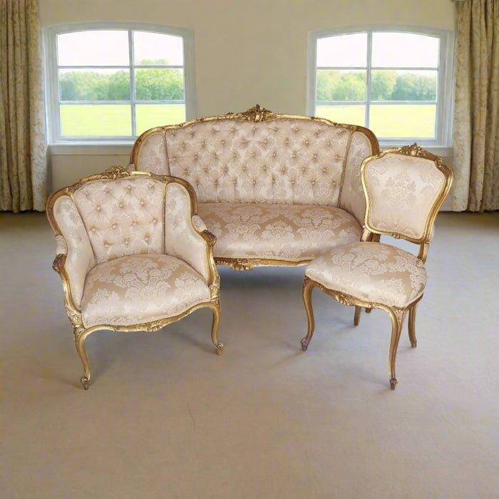 3 PIECE LOUIS XV GILT SALON SET WITH SETTEE, SIDE CHAIR AND BERGERE