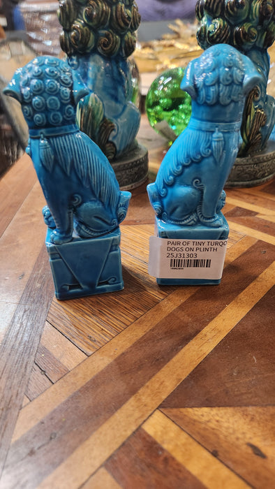 PAIR OF TINY TURQOISE FOO DOGS ON PLINTH